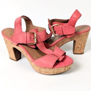 NWOT Franco Sarto Platform Sandals T-Strap Leather Cork Heel Fylan Coral size 6
